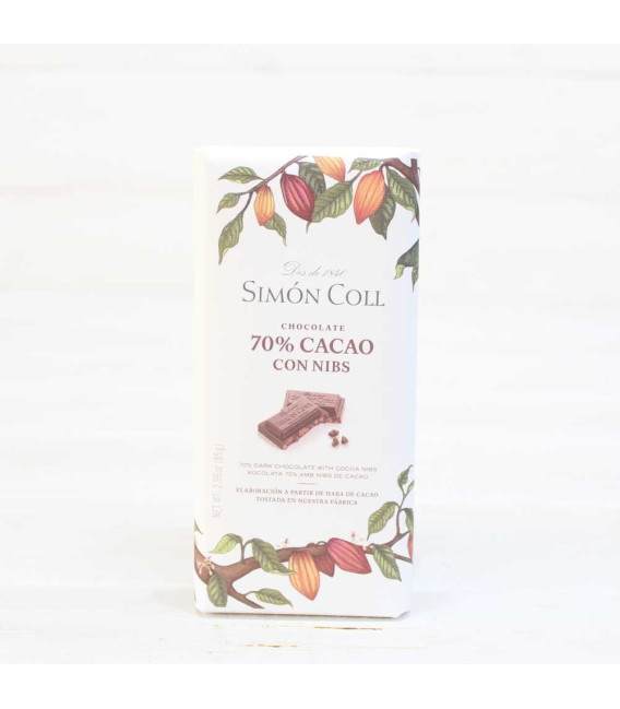 Tableta Chocolate Artesanal 70% Cacao con Nibs, 85 gr