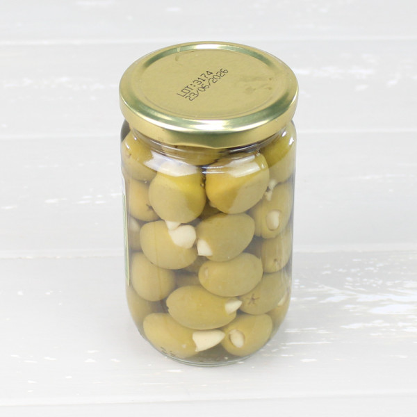 Glas Manzanilla-Oliven gefüllt mit Knoblauch 300 gr